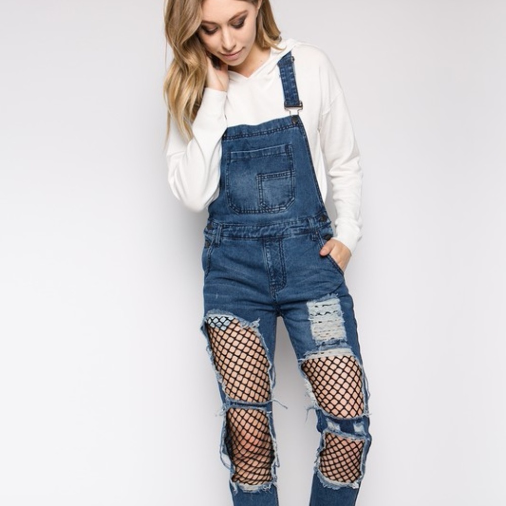 Fishnet insert boyfriend distressed denim overalls - Picture 5 of 8